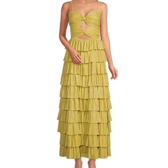 Grace Metallic Plisse Sweetheart Neck Cut-Out Tiered Tea Length Dress